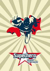 Flying superhero on camera. Comic book graphic.