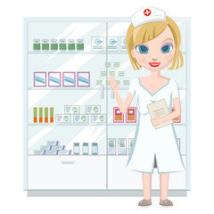 Obraz na płótnie Canvas Smiling female pharmacist in pharmacy opposite shelves with medicines. Vector illustration