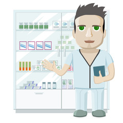 Male pharmacist in a pharmacy opposite the shelves with medicines. Health care. Vector illustration