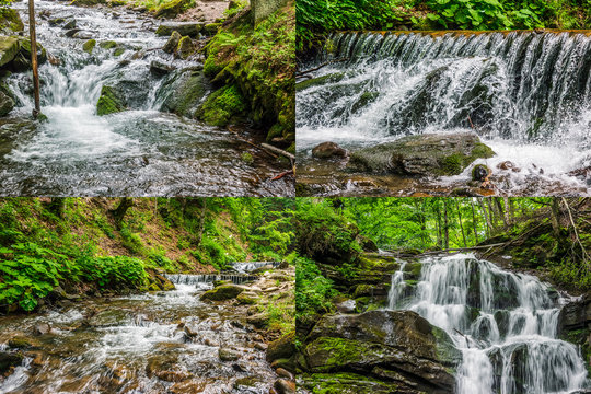 image set of cascades on the forest river