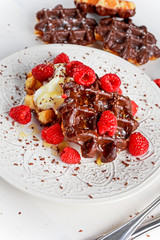 Belgian chocolate waffles with fresh raspberries, whipped cream and honey syrup