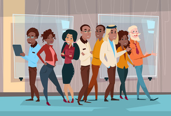 Fototapeta premium Ethnic Business People Group Seminar Training Conference Brainstorming Presentation Mix Race Team Businesspeople Office Flat Vector Illustration