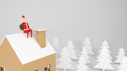 Santa Claus On Roof With Chimney, Santa With Bag Full of Gifts, White Background, 3D Illustration