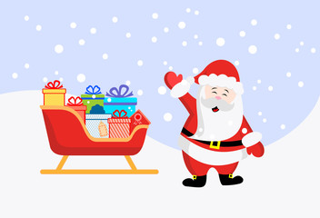 Санта Клаус. Сани и подарки. 