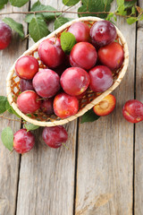 Fresh plums on a grey wooden table