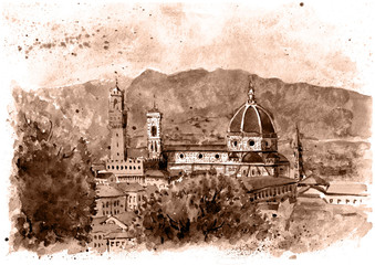 Monochrome vintage illustration of Florence, Italy. Cathedral Santa Maria del Fiore, mounting view. Watercolor painting, design for postcard or other.