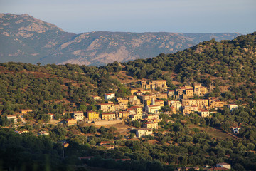 Fototapeta na wymiar Mountain village at sunrise, Corse, France.