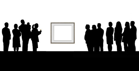 Silhouetted groups of people admire whatever you put in the blank framed matt in an art gallery