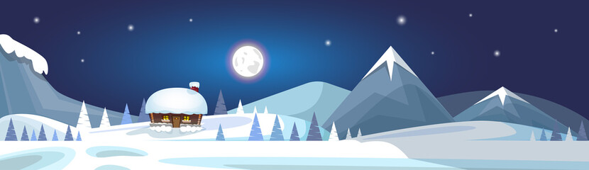 Fototapeta na wymiar Winter Mountain Landscape White Snow Banner Flat Vector Illustration