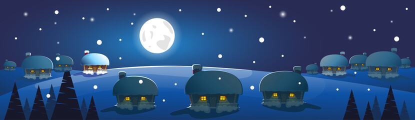 Winter Village Night Landscape White Snow Banner Flat Vector Illustration