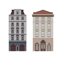 Fototapeta premium Beautiful detailed linear cityscape collection with townhouses. Small town street victorian building facades. Template for web, graphic, game and motion design. Vector illustration