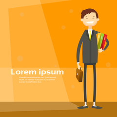 Asian Business Man Wear Suit Hold Suitcase Successful Businessman Flat Vector Illustration