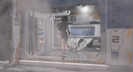 Female Entering Spacecraft Bedroom Quarters 3D Rendering