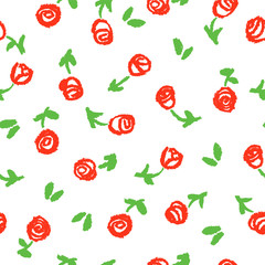 Child's drawing of flowers isolated on white. Pastel chalk crayon hand drawing roses background. Seamless pattern, vector.
