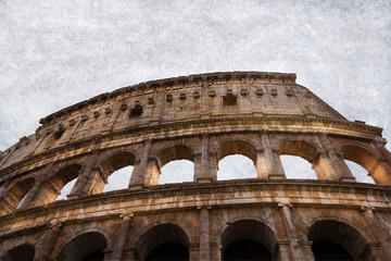 Roman Colloseum in Rome, Italy - low angle. Parchment background.