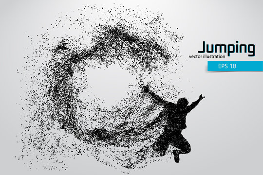 Silhouette of a jumping man from particles.