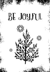 Hand drawn Christmas card. New year pine or fir tree with snow. Calligraphic Christmas holiday text on white background in grunge frame.