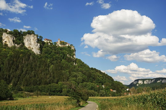 View of Donautal (Danube valley), Schaufelsen and Werenwag Castle, Swabian Alb, Baden-Wurttemberg, Germany 