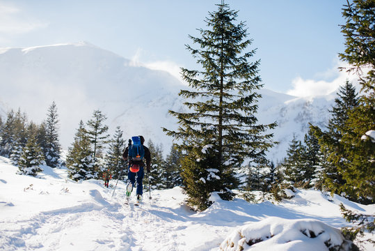 Extreme men climb the mountain for downhill skiing in Carpathian