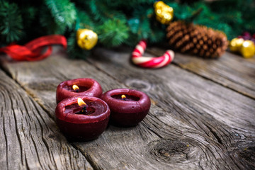 Christmas wooden background with snow fir tree. View copy space