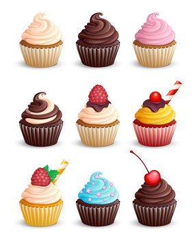 Set cupcakes on a white background. Isolated. Sweet pastries decorated with cherry, cowberry, raspberries, mint,  candy, chocolate and star. Vector illustration. 3D.