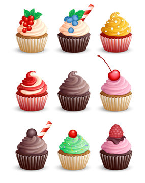 Set cupcakes on a white background. Isolated. Sweet pastries decorated with cherry,  bilberry, raspberries, candy, mint, chocolate and cowberry. Vector illustration. 3D.