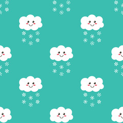 Cute happy cloud with snowflakes, winter seamless pattern background.