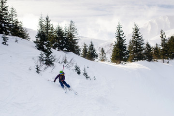 Skier riding on fresh snow in the Carpathian mountains, Ukraine