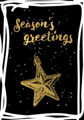 Merry Christmas and Happy New Year greeting card with calligraphy. Hand drawn holiday tree fir design elements. Handwritten brush lettering black and gold.