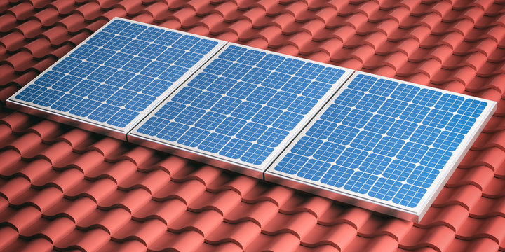 Red roof with solar panels. 3d illustration