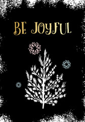 Merry Christmas and Happy New Year greeting card with calligraphy. Hand drawn holiday tree fir design elements. Handwritten brush lettering black and gold.