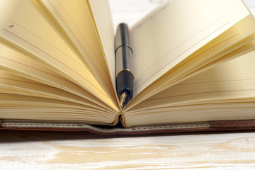 Close-up of open book and pen.