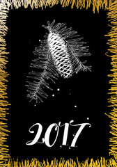 Greeting Christmas card in vintage style. Winter background with pine branches. Vector.