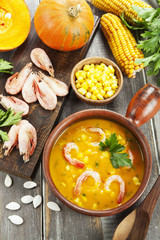 Pumpkin soup-puree with shrimp