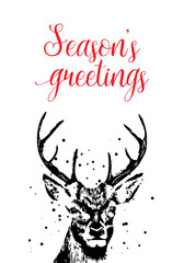Merry Christmas and Seasons Greetings card with brush calligraphy and handdrawn dear. Vector.