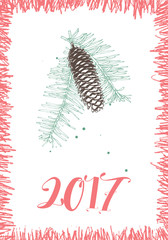 Greeting Christmas card in vintage style. Winter background with pine branches. Vector.