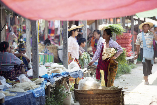 Woman selling green onions, Inle Lake