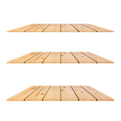 3 pine trees Wood Shelves Table isolated on white background with different perspective for decorative your product.