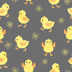 Seamless baby pattern with cute little chickens. Funny yellow chicks in different poses. Vector illustration.