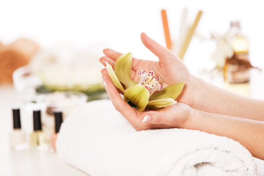 Well Manicured Nails. Holding a Flower. Close up Spa Concept.