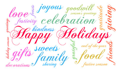 Happy Holidays word cloud on a white background. 