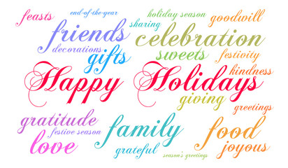 Happy Holidays word cloud on a white background. 