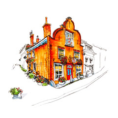 Color hand drawing, scenic city view of Delft with beautiful medieval house, Holland, Netherlands. Picture made liner and markers