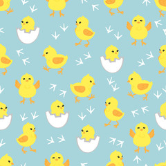 Baby background with cute little chickens. Seamless pattern with yellow chicks in different poses. Vector illustration. 