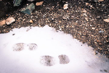 Snow texture with foot prints for trekking and survival concept in vintage pastel tone.