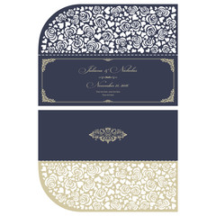 Wedding Invitation Baroque. Template for laser cutting. Open card. The front and rear side. It can be used as an envelope. - 130111175