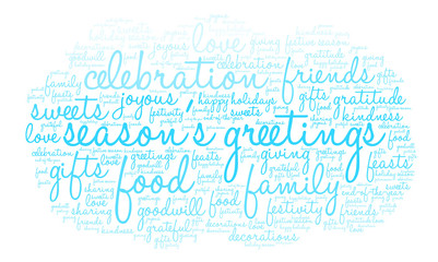 Season's Greetings word cloud on a white background. 