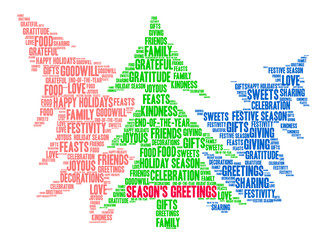 Season's Greetings word cloud on a white background. 