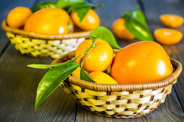 mandarins and oranges on the wooden background