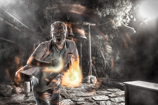 nerd in potter style with fireball in hand